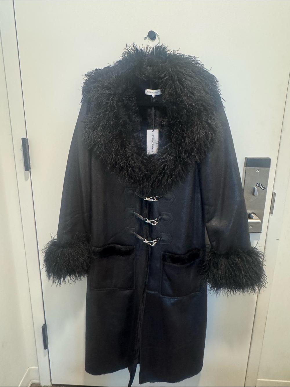 WeWoreWhat Black Long Coat with Faux Fur Trim